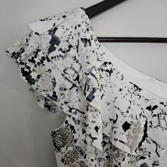 Rachel Roy Midi Dress Elegant Black White Snake Print Cocktail Neutral Ruffle - Picture 9 of 15